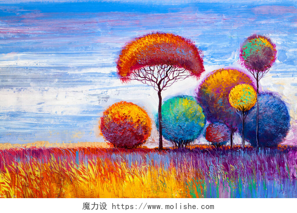 秋天森林的油画风景.秋天的森林，橙叶。油画风景.